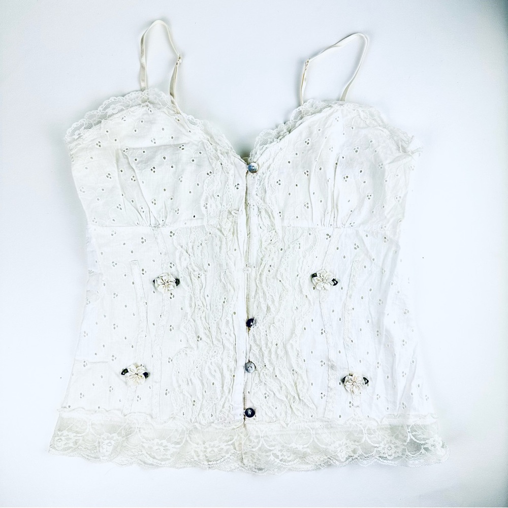 Vintage 90s Eyelet Lace Pearl Ribbon Rosette Shell Front Button Top